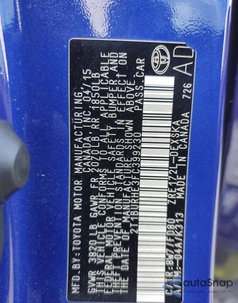 2015 Toyota Corolla L из США, поврежденный, VIN 2T1BURHE3FC399230